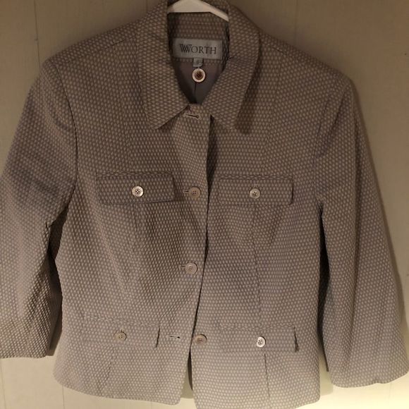 Worth/beige grey plaid tweed button front blazer collared w 4 front pockets - Picture 7 of 7